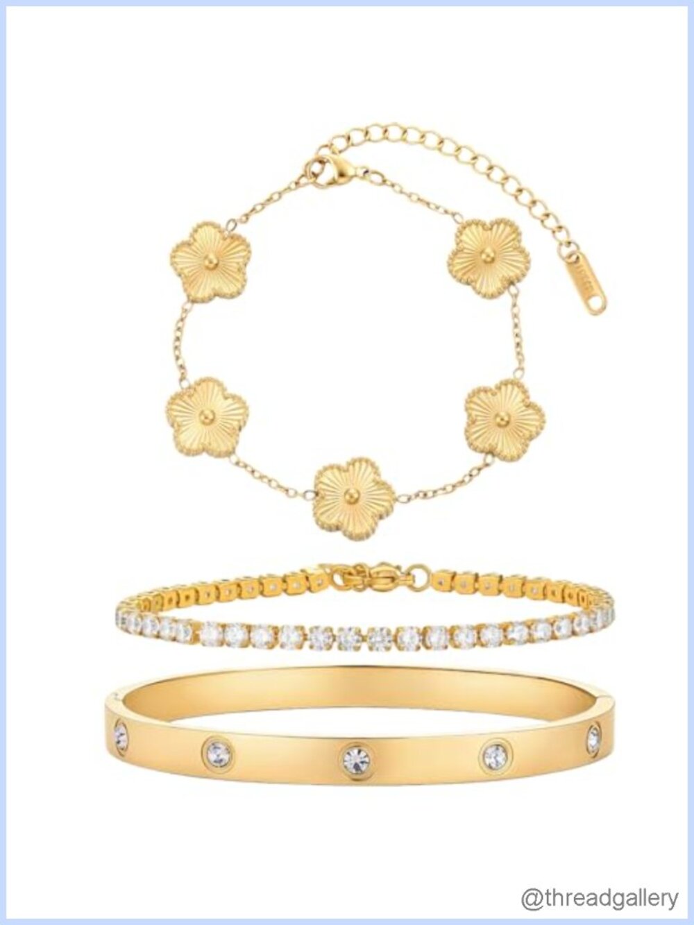 3Pcs 18K Gold Plated Bracelet Set - Love Tennis Clover Charm Bangle Stack for